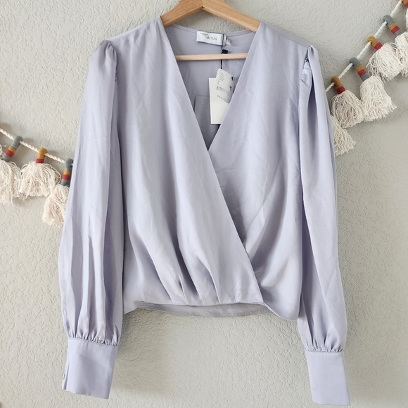 Greylin For Free People Silver Vneck Wrap Satin Silky Blouse Contemporary NWT L - Picture 1 of 11